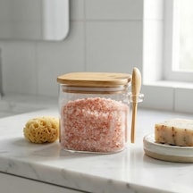 600 Ml Bambu Kapaklı Ve Kaşıklı Kare Cam Kavanoz, Vakumlu Ahşap Kapaklı Baharatlık, Kendinden Kaşık Yuvalı Şeker, Kahve Ve Banyo Tuzu Saklama Kabı 7009