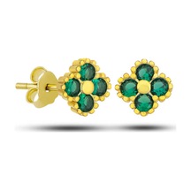 Gümüş Gold Yonca Çivili Yeşil Taşlı Çocuk Küpe