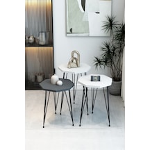 3'lü Sekizgen Zigon Sehpa Seti - Siyah Metal Ayaklı, Modern & Şık Yan Sehpa, Dayanıklı Salon Ofis Beyaz Antrasit