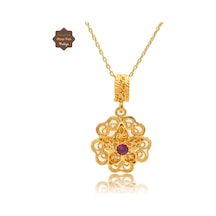 Yakut Taşlı Gül Model Gold Kaplama 925 Ayar Gümüş Telkari Kolye 201025490 Altın