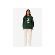 Herkesemoda Be The Light Papatya Baskı Detaylı Şardonlu 2 İplik Bisiklet Yaka Sweatshirt Yeşil