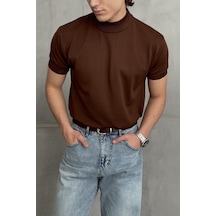 Erkek Oversize Yarım Balıkçı Triko T-shirt Kahverengi