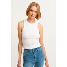 Refox Kadın Beyaz Fitilli T-shirt Halter Yaka Örme Atlet , Sporcu Atlet