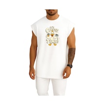 Bahriyeli Collection Oversize Kahve Zamanı - İt S Coffee Time Göğüs Baskılı Atlet Beyaz