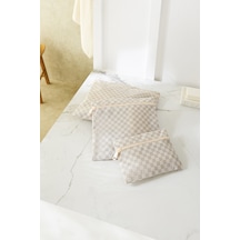 Ocean Home Textile 3'lü Su Geçirmez Pvc Astarlı Gri Dama Desen Islak Kuru Çantası 20 x 13 / 24 x 20 / 30 x 24 cm