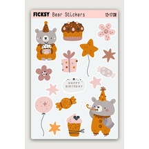 Sevimli Ayıcık Teddy Bear Doğum Günü Temalı Sticker Seti - 16 Adet Etiket Çıkartma Diğer