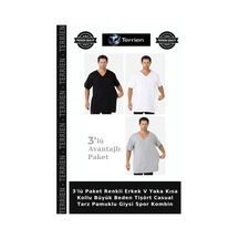 Terrien 3'lü Paket Renkli Erkek V Yaka Kısa Kollu Büyük Beden Tişört Casual Tarz Pamuklu Giysi Spor Kombin Beyaz Siyah Gri