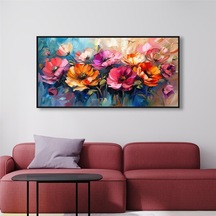 Yağlı Boya Dokulu Tablo Modern Renkli Yatay Çiçekler Siyah Çerçeveli U02044-178897