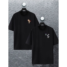 Unisex Kadın Erkek Çiçekli Tom Ve Jerry Baskılı Sevgili Çift Kombini Tasarım Oversize Tshirt 2'li Siyah1 Mck2102 Siyah