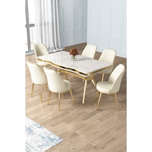Canisa Prah Serisi 90x160 Lak Panel Beyaz Mermer Desen Gold Ayak Masa Takımı Ve 6 Krem Sandalye Beyaz Mermer Masa Krem Sandalye Gold Detay