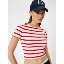 Koton Kısa Kollu Crop Penye Tişört Bisiklet Yaka Slim Fit Kırmızı Çizgili 4sal10991ık Kırmızı