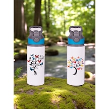 Kelebekli Ağaç Baskılı 2'li Pipetli Matara Suluk 650 Ml Beyaz