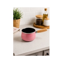 14 Cm Emaye Sütlük Ahşap Saplı Süt Cezvesi Sosluk 1200ml 9 Cm Derinlik Pembe