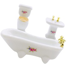 1/24 Evcilik Minyatür Banyo Set Seramik Küvet Tuvalet Gül Desen