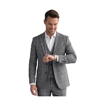 Deepsea Erkek Koyu Gri Slim Fit 3 Lü Takım Elbise Yelekli Ekose Desenli Çift Düğme Takım Elbise 2600501