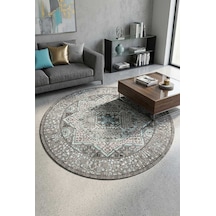 Frenda Home Vintage Desen Pamuk Taban Baskılı Yıkanabilir Yuvarlak Gri Halı