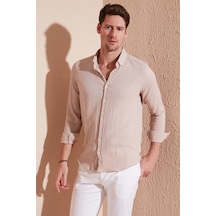 Buratti Pamuklu Çizgili Düğmeli Yaka Uzun Kollu Regular Fit Erkek Gömlek Cf23S112237 Taş