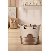Jasper Bej Tekli Orta Çizgili Jüt İp Panda Tasarımlı Çok Amaçlı Çocuk Odası Oyuncak Kıyafet Kirli Sepeti Organizer Bej