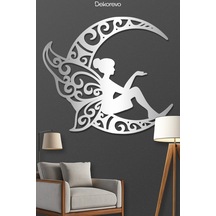Peri Ve Hilal Ay Metal Duvar Tablosu - Metal Duvar Tablosu - Gümüş - 65 X 75 Cm