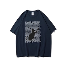 Flood Of Style Unisex Lacivert 01 Kedi Baskılı Oversize Bisiklet Yaka Tshirt