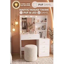 Robin Home Hollywood Led Işıklı Puflu Makyaj Masası Takımı 4 Çekmeceli Düzenleyici Raflı Beyaz