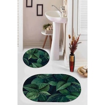 Yeşil Yaprak Temalı Oval Banyo Klozet Paspas Seti Bs087n11