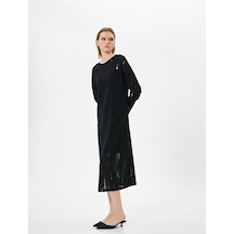 Koton Midi Ajurlu Elbise Bisiklet Yaka Uzun Kollu Siyah 4sak80261ek 4SAK80261EK999
