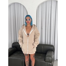 Barlashive Kadın 3 İplik Pamuklu Kapüşonlu Kanguru Cepli Baskılı Oversize Hoodie Sweatshirt - Bej Çok Renkli
