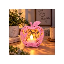 Elma Figürlü Dekoratif Mumluk Yaprak Desenli Tealight Mumluk, Dekoratif Led Mum Hediyeli - Pembe Açık