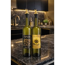 Zeytinyağı Ve Ayçiçek Yağı Şişesi Seti, Etiketli Ve Gri Yağdanlık Aparatlı, 750 Ml, 2 Adet Altın