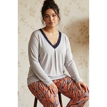 Siyah İnci Gri Desenli Büyük Beden Battal Boy Viskon Örme Pijama Takım 26224821