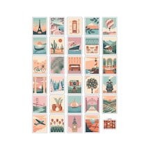 30 Adet Pastel Vintage Seyahat Pulu Sticker Seti - Defter Laptop Ajanda Scrapbook İçin Çok Renkli