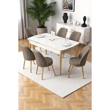 Canisa Nira Serisi 70x114 Mdf Açılabilir Beyaz Mutfak Masa Takımı 6 Cappucino Sandalye Gold Detay Masa Beyaz Sandalye Cappucino Ayaklar Gold