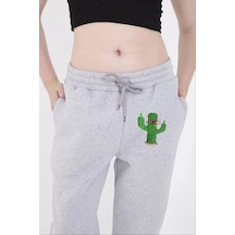 Kadın Lastikli Baskılı Eşofman Pantolon - Gri 001