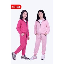 Fyk Kids Kız Çocuk 2'li Dik Yaka Fermuarlı Beli Bağcıklı Lastik Paça Eşofman Takımı Fuşya-pembe