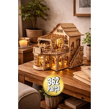 Işıklı Detaylı Kahve Dükkanı Diorama Maketi Ahşap Hobi Seti