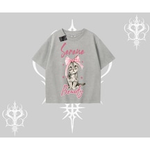 Tarzsokak Serene Beauty Kedi Baskılı Oversize Tshirt Gri