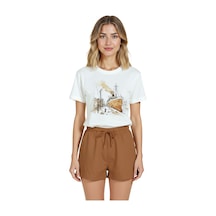 Kadın Beyaz Relaxed Fit %100 Pamuk Tişört Liman Gemisi Suluboya Beyaz