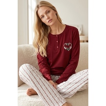 Siyah İnci Nakışlı Düğmeli Pamuklu Likralı Örme Pijama Takım26240355 Bordo