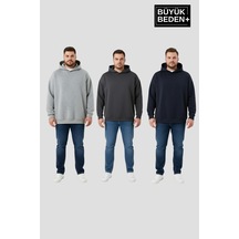 Süperlife Erkek Büyük Beden 3 Lü Set Kollar Ve Etek Ribanalı İnce Kapşonlu Swatshırt Spr26bsw957+3 Grey Mel-smoked-navy