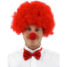 Kırmızı Renk Kıvırcık Afro Bonus Peruk Takma Saç Ve Kırmızı Burun Seti 5691