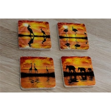 Egzotik Hayvanlar Fil Zürafa Flamingo Kanguru Doğal Taş Bardak Altlığı 4'lü Set - Natural Stone Coasters - Taş Çok Renkli