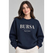 Gıovera Bursa Şehir Yazılı Bisiklet Yaka Kadın Sweatshirt Lacivert