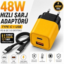 48W Hızlı Şarj Adaptörü + Type-c To Type-c Kablo Seti Pd & Qc 3.0 Destekli Usb + Type-c Çift Giriş Akıllı Koruma Hızlı Şarj Aleti Sarı