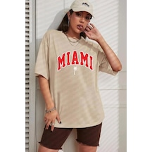 Unisex Miami Baskılı Tasarım Tshirt Bej