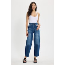 Tudors Kadın Relax Fit Rahat Kesim %100 Pamuk Cepli Geniş Paça Lacivert Jean Kot Pantolon-50730
