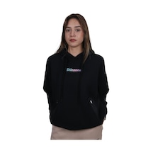 Kadın Yumuşak Dokulu Modal Kumaş Fermuar Cep Detaylı Rahat Kalıp Renkli Baskılı Kapüşonlu Sweatshirt Siyah Renkli