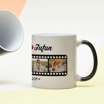 Kişiye Özel Fotoğraflı Sihirli Kupa Bardak - İsimli Ve Sinema Şeridi Tasarımlı Renk Değiştiren Kupa Siyah