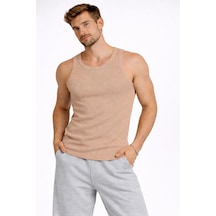 Ertaştrendstore Erkek Fitilli Atlet Sıfır Yaka Slim Fit Arka Baskılı Spor Atlet - Bej Çoklu Renk