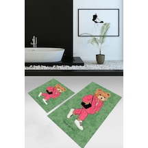 Buççin Online Mağaza Dijital Baskılı Kaymaz Taban Yıkanabilir İkili Banyo Takımı Klozet Takımı Polyester Yeşil Çok Renkli
